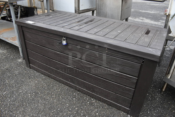 Wood Pattern Poly Chest w/ 8 Red Seat Cushions and 3 Pillows. 60.5x28.5x25.5 - Image 3 of 9