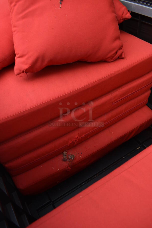 Wood Pattern Poly Chest w/ 8 Red Seat Cushions and 3 Pillows. 60.5x28.5x25.5 - Image 5 of 9