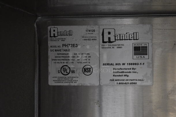 Randell Model PH72E3 Stainless Steel Commercial Sandwich Salad Prep Table Bain Marie Mega Top w/ 2 Doors on Commercial Casters. 72x41.5x55. Tested and Powers On But Does Not Get Cold - Image 7 of 7