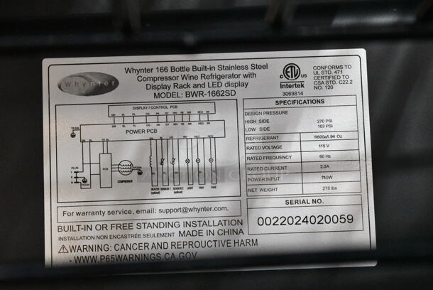 BRAND NEW SCRATCH AND DENT! Whynter BWR-1662SD 166 Bottle Built-in Stainless Steel Compressor Wine Refrigerator Merchandiser. 115 Volts, 1 Phase. Tested and Working! - Image 5 of 5