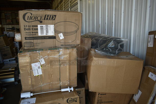 PALLET LOT of 26 BRAND NEW! Boxes Including 129MCR32B Choice 32 oz. Black Round Microwavable Heavy Weight Container with Lid 7 1/4" - 150/Case, WM-16-BLSH 10 Strawberry St - Pale Blush 16 pc dinner set, 3 Box 347SP6BK Visions Florence 6" Square Black Plastic Plate - 120/Case, 395TO961 EcoChoice 9" x 6" x 3" Compostable Sugarcane / Bagasse 1 Compartment Take-Out Container - 200/Case, Genpak Deli 16 oz Hinged Container, 128HD12BULK ChoiceHD 12 oz. Microwavable Translucent Plastic Deli Container - 480/Case, San Jamar KM2100B Tuf-Mat 3' x 5' Black Grease-Resistant Bagged Floor Mat - 1/2" Thick, 129MCS28W Choice 28 oz. White 8 3/4" x 6 1/4" x 1 3/4" Rectangular Microwavable Heavy Weight Container with Lid - 150/Case, 274RK251 Noble Products 25-Compartment Gray Full-Size Glass Rack with 1 Blue Extender, 3 Box 395RP09PF EcoChoice No PFAS Added 9" Natural Bagasse Blend Plate - 500/Case, 2 Box 128HD8COMBO ChoiceHD 8 oz. Microwavable Translucent Plastic Deli Container and Lid Combo Pack - 240/Case, Choice 7 oz. Translucent Thin Wall Plastic Cold Cup - 2500/Case. 26 Times Your Bid! - Image 3 of 9