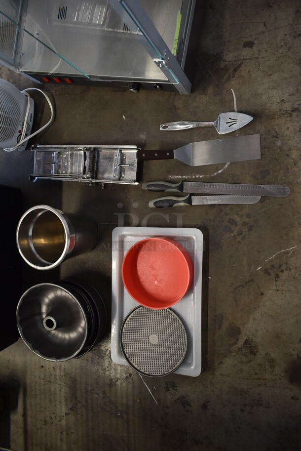 ALL ONE MONEY! Lot of Various Items Including Metal Bundt Cake Pans, Utensils, Mandolin Slicer, Fan in Black Poly Bin - Image 2 of 6