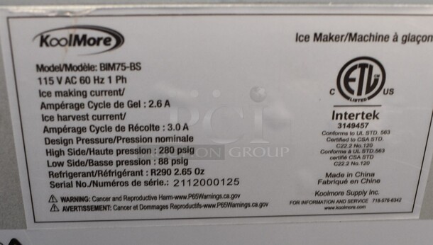 BRAND NEW! KoolMore Model BIM75-BS Stainless Steel Commercial Self Contained Ice Maker. 115 Volts, 1 Phase. 15x17.5x34 - Image 7 of 7