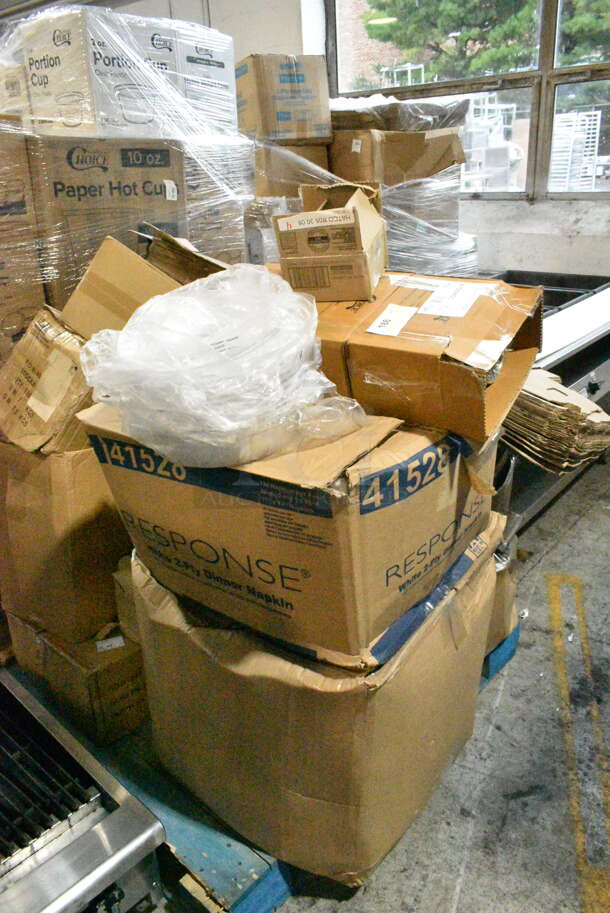 PALLET LOT of 17 BRAND NEW Boxes Including 176BSKT95BK Choice 9 1/4" x 5 3/4" x 1 1/2" Black Oval Plastic Fast Food Basket - 12/Pack, 164TCOLROD25 Lancaster Table & Seating 25 3/16" Standard Height Table Base Column and Rod, CSI 16 oz PET Cylinder, 2 Box Choice 407358MCC Choice Stainless Steel Malt Cup Collar for 3 5/8" Cups - 4 5/8" Top Diameter, 260PCCOV10 Choice 10" Clear Polycarbonate Plate Cover - 12/Case, 413R053008100 Hatco R05.30.081.00 Leg, 41528 Response Dinner Napkins, Garde 181COM1KITMA Heavy-Duty Can Opener Knife and Gear Kit, American Metalcraft ASEAS14 14" Round Silver Hammered Aluminum Seafood Tray, 929CAC187 Waring Ellipse CAC187 32 oz. Copolyester Container with Dasher Assembly for MXE2000, 20A871989 Ansell AlphaTec® 87-198 12" Yellow 16 Mil Unsupported Fish Scale Grip Natural Latex Rubber Gloves with Cotton Flock Lining - Large - 12/Pack, 500CC12HD 12 oz. Plastic Cold Cup - 1000/Case, Carlisle Spectrum 4073500 17" Aluminum Brush Rack, 612D3COMP Choice 8 1/2"x 6 3/8" 3-Compartment Oblong Foil Take-Out Container with Board Lid - 250/Case, 500IRB100WULK 1 Gallon (128 oz.) Translucent HDPE Industrial Round Jug with Unlined White Ribbed Continuous Thread Cap. 17 Times Your Bid! - Image 1 of 12