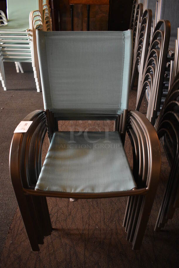 9 Metal Outdoor Patio Chairs w/ Teal Seat and Arm Rests. BUYER MUST REMOVE. 22x19x35. 9 Times Your Bid! (Susquehanna Ale House)
