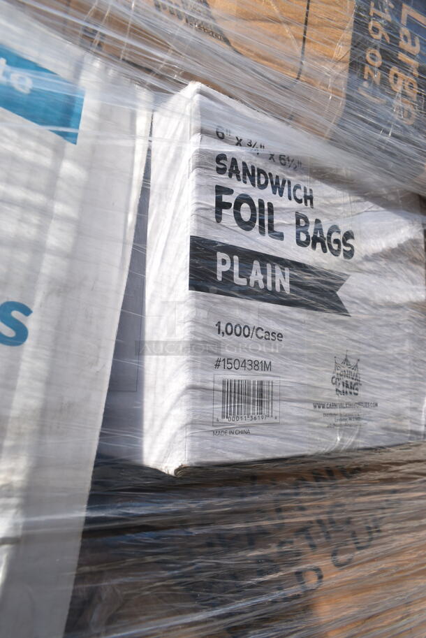 PALLET LOT of 29 BRAND NEW Boxes Including 6 Box 130TONG6BLK Visions 6" Black Disposable Plastic Tongs - 72/Case, 500LSTRWLW Choice 9, 12, 16, 20, and 24 oz. Clear Sip-Through Lid with Extra-Wide Opening - 1000/Case, 966UPWIDEB-500 OneUp by Choice White 2-Ply Wide Interfold 6 1/2" x 8 1/2" Dispenser Napkin - 6000/Case, 760FFLRGNEWS Choice Large 16 oz. Paper Scoop Cup with Newsprint Design - 1000/Case, 500CC12 12 oz. Plastic Cold Cup - 1000/Case, 1504381M Carnival King 6" x 3/4" x 6 1/2" Large Foil Hamburger / Sandwich Bag - 1000/Case, 500CC12HD 12 oz. Plastic Cold Cup - 1000/Case, 500LSTRWLW Choice 9, 12, 16, 20, and 24 oz. Clear Sip-Through Lid with Extra-Wide Opening - 1000/Case. 29 Times Your Bid!  - Image 10 of 12