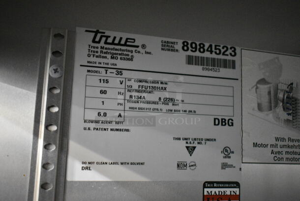 2016 True T-35 Stainless Steel Commercial 2 Door Reach In Cooler w/ Poly Coated Racks. 115 Volts, 1 Phase. Tested and Working! - Image 6 of 6