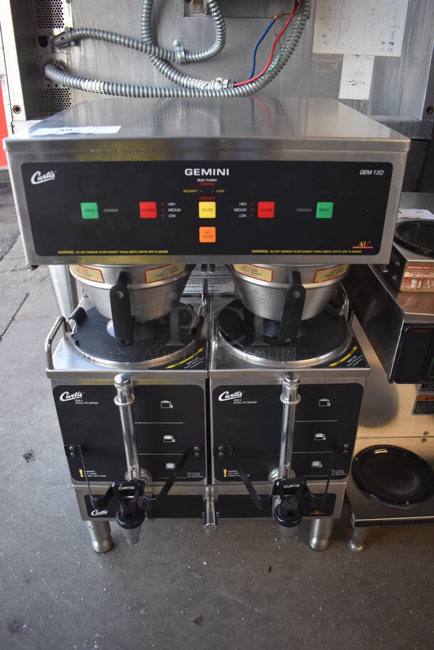 Curtis GEM-12D-10 Stainless Steel Commercial Countertop Coffee Machine w/ 2 Satellite Servers and 2 Metal Brew Baskets. 120/208-240 Volts, 1 Phase. 18x20x29