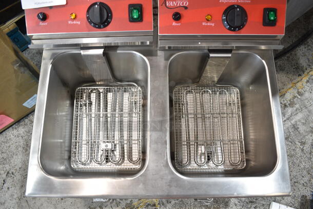 BRAND NEW SCRATCH AND DENT! 2023 Avantco 177F202 Stainless Steel Commercial Countertop Electric Powered 2 Bay Fryer w/ Lids and Metal Fry Baskets. 208-240 Volts, 1 Phase. Tested and Working!  - Image 5 of 7
