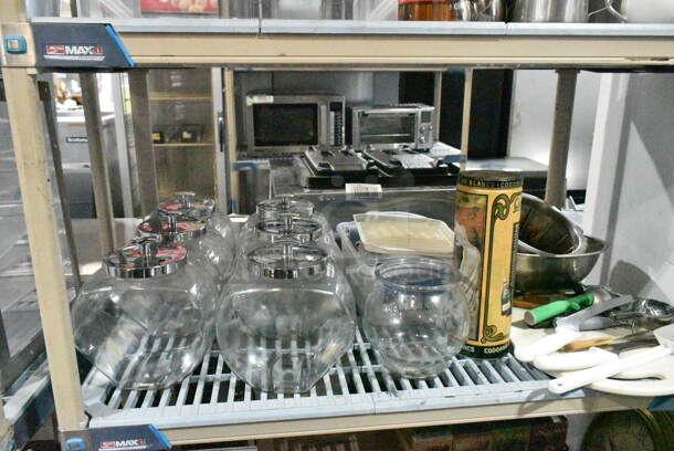 ALL ONE MONEY! Metro Shelf Lot of Various Items Including Clear Poly Merchandisers, Air Pot, Candy Jars and Pitchers. Does Not Include Shelving Unit.  - Image 4 of 12