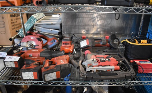 ALL ONE MONEY! Tier Lot of Various Tools Including Skil 4680 Saw, Hilti AG 500-A18 Cut Off Tool, Hilti TE 4-A18 Rotary Hammer, Hilti SFH 18-A Drill, Hilti WSR 18-A Reciprocating Saw, Hilti SCM 18-A Saw, 