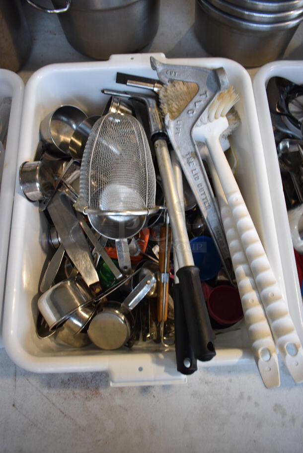 ALL ONE MONEY! Lot of Various Metal Utensils Including Dry Measuring Cups in White Poly Bus Bin!