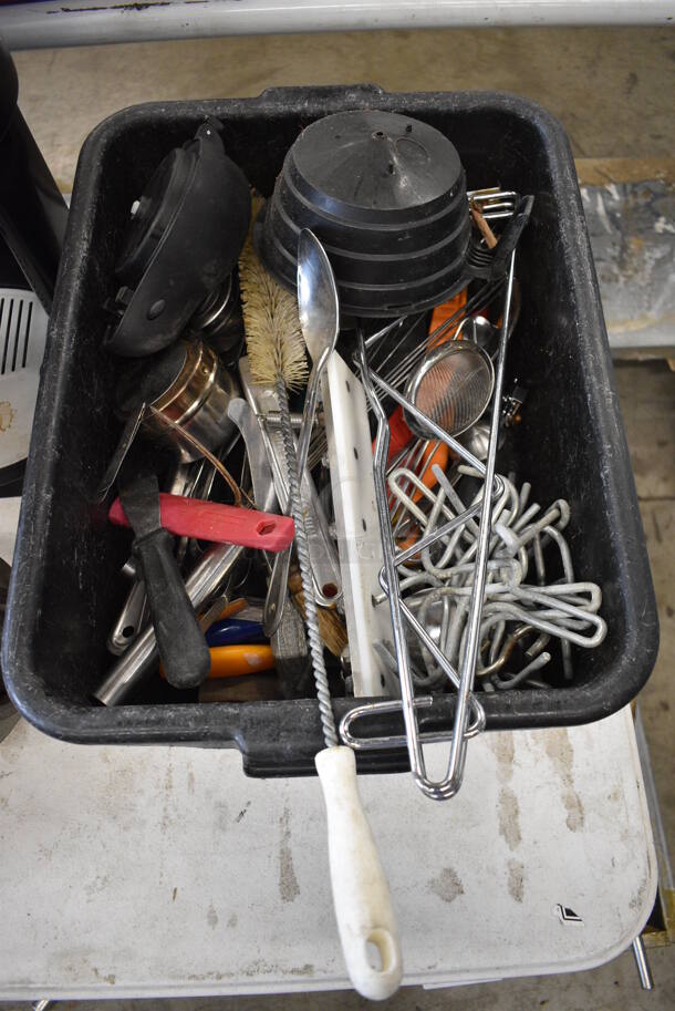 ALL ONE MONEY! Lot of Various Items Including Poly Brew Basket, Utensils and Pot Rack Hooks on Black Poly Bus Bin!