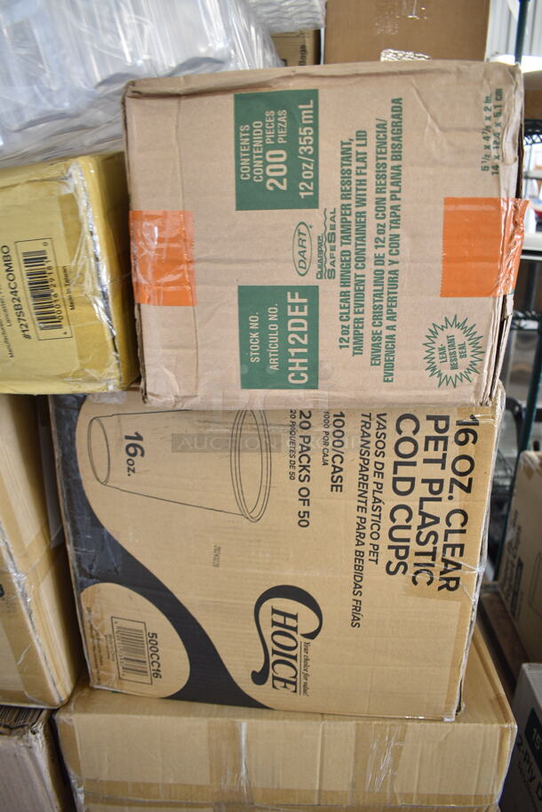 PALLET LOT of 27 BRAND NEW Boxes Including 127SB24COMBO Choice 24 oz. Clear Plastic Salad Bowl with Lid - 150/Case, 2 Box 500CC16 Choice Clear PET Customizable Plastic Cold Cup - 16 oz. - 1000/Case, CH12DEF Dart ClearPac SafeSeal 12 oz. Tamper-Resistant, Tamper-Evident Hinged Container with Flat Lid - 200/Case, 3 Box 760SOUP8KFT EcoChoice 8 oz. Kraft Paper Food Cup with Vented Lid - 250/Case, 130HBKCUTFW Visions Individually Wrapped Black Heavy Weight Plastic Fork - 1000/Case, 2 Box 129MCR32B Choice 32 oz. Black Round Microwavable Heavy Weight Container with Lid 7 1/4" - 150/Case, 2 Box 433NHT101H Choice 1/6 Standard Size White "Thank You" Medium-Duty Plastic T-Shirt Bag - 1000/Case, 347RPBD10WHS Visions 10" White Plastic Plate with Silver Bands - 120/Case, 129MCS38B Choice 38 oz. Black Rectangular Microwavable Heavy Weight Container with Lid 8 3/4" x 6 1/4" x 2" - 150/Case, 346WKFSNSPM Choice White Medium Weight Wrapped Plastic Cutlery Pack with Napkin and Salt / Pepper Packets - 500/Case. 27 Times Your Bid! - Image 8 of 12