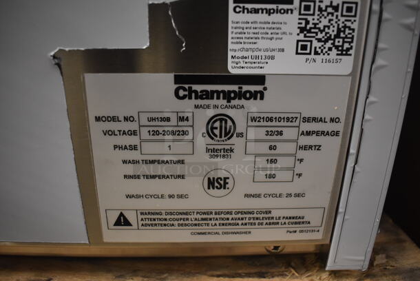 BRAND NEW SCRATCH AND DENT! 2021 Champion UH130B Stainless Steel Commercial High Temperature Hi Temp Undercounter Dishwasher. 120-208/230 Volts, 1 Phase. 24x25x34. Tested and Working! - Image 7 of 8