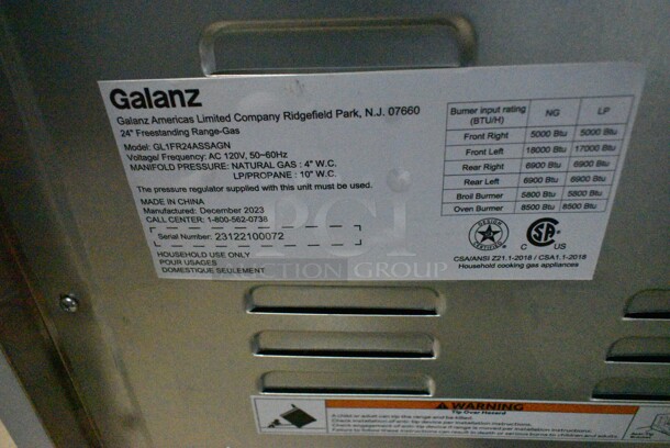 BRAND NEW SCRATCH AND DENT! 2023 Galanz GL1FR24ASSAGN Stainless Steel Natural Gas Powered 4 Burner Range w/ Oven. - Image 6 of 6