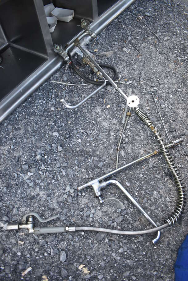 Stainless Steel Commercial 3 Bay Sink w/ Faucet, Handles, Spray Nozzle and Dual Drain Boards. Missing 1 Leg. 93x26x45. Bays 16x19x13. Drain Board 19x21x1 - Image 3 of 4