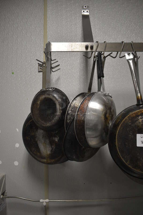 Stainless Steel Commercial Wall Mount Pot Rack w/ Various Sauce Pans and Skillets. 60x12x16. BUYER MUST REMOVE. (kitchen) - Image 5 of 6