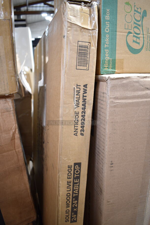PALLET LOT of 35 BRAND NEW Boxes Including 2 Box 5001RT350N Lavex Natural Kraft Hardwound Paper Towel, 350 Feet / Roll - 12/Case, 3492424ANTWA Lancaster Table & Seating Square Industrial Solid Wood Live Edge Table Top with Antique Walnut Finish, Choice 9" x 6" x 3" Microwaveable 1-Compartment Black / Clear Plastic Hinged Container - 100/Case, C850 Sugar Sub Sitrrer, 395OP12 EcoChoice Compostable Sugarcane / Bagasse 10" x 12 1/2" Oval Platter - 500/Case, 128HD8BULK ChoiceHD 8 oz. Microwavable Translucent Plastic Deli Container - 480/Case, 394345XL Noble NexGen Powder-Free Disposable Black Hybrid 3 Mil Thick Gloves - Extra Large - 1000/Case, 433NHT101H Choice 1/6 Standard Size White "Thank You" Medium-Duty Plastic T-Shirt Bag - 1000/Case, 59448 Georgia Pacific Jumbo Bath Tissue Dispenser, 50010WRAPRIP Lavex 10 oz. Kraft Ripple Individually Wrapped Paper Hot Cup - 500/Case, 2 Box 395TO961PF EcoChoice 9" x 6" x 3" No PFAS Added Natural Bagasse Blend Take-Out Container - 200/Case, Fineline 15234M-FL Super Bowl Plus Clear Flat PET Plastic Lid for 24, 32, and 48 oz. Square Bowls - 300/Case, 351302090155 Cooking Performance Group 351302090155 4 3/4" Plate Caster with Brake for S24, S36, and S60 Series, 351302090156 Cooking Performance Group 351302090156 4 3/4" Plate Caster for S24, S36, and S60 Series, Choice Film and Foil Dispenser Cutter, 190FSL34 7 3/4" Floor Drain Strainer with 3/4" Depth, 600UDT2442 Regency 42" x 21" Stainless Steel Dish Table Undershelf for 4' Dish Tables. 35 Times Your Bid! - Image 4 of 12