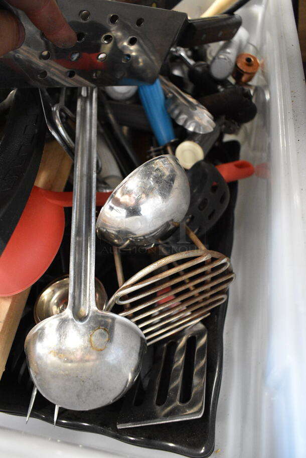 ALL ONE MONEY! Lot of Various Items Including Utensils, Metal Lid, Scraper in Poly Bin - Image 2 of 5
