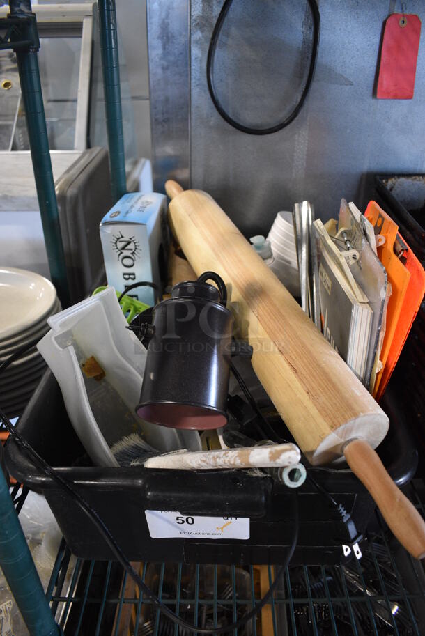 ALL ONE MONEY! Lot of Various Items Including Rolling Pin and Gloves in Black Poly Bus Bin!