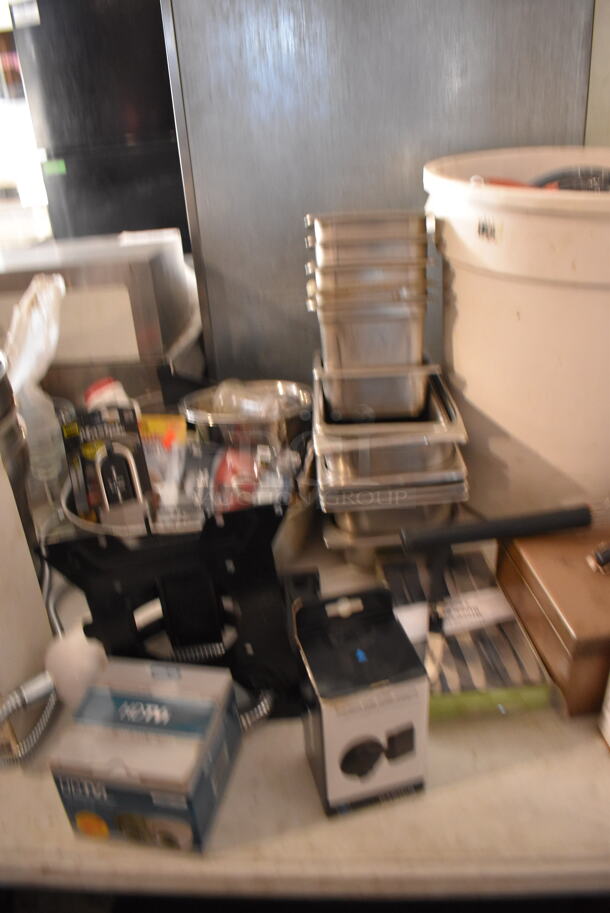 ALL ONE MONEY! Tabletop Lot of Various Items Including Stool Seats, Metal Bins, Poly Bins, Cuisinart Food Processor, Stainless Steel Drop In Bins - Image 9 of 12