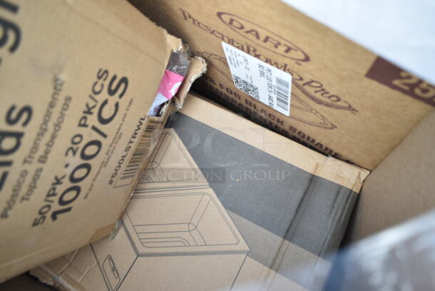 PALLET LOT of 25 BRAND NEW Boxes Including 500LSTRWL Choice 32 oz. Clear Sip-Through Lid with Extra-Wide Opening, C2464BDL Dart PresentaBowls Square Plastic Lids, 127PL400 Choice PET Plastic Lid for 3.25 to 5.5 oz. Souffle Cup / Portion Cup - 2500/Case, 128HD32COMBO Choice Heavy Duty 32 oz. Microwavable Translucent Plastic Deli Container and Lid Combo Pack - 240/Case, 423FW200D ServIt FW200D 12" x 20" Full Size Dual Well Electric Countertop Food Warmer with Digital Controls - 120V, 2000W. 25 Times Your Bid!  - Image 3 of 12