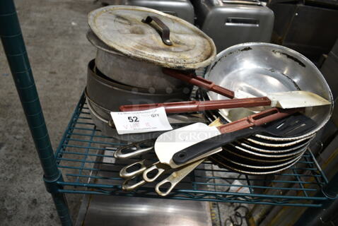 ALL ONE MONEY! Lot of Various Items Including Poly Spatulas, Metal Skillets, Round Baking Pans and Lid. 