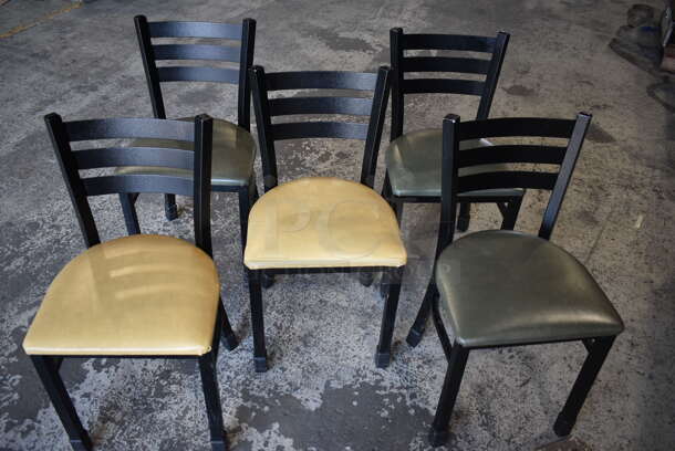 5 Black Ladder Back Chairs With Vinyl Cushioned Seats In Yellow and Green/Gray. Cosmetic Condition May Vary. 5 Times Your Bid