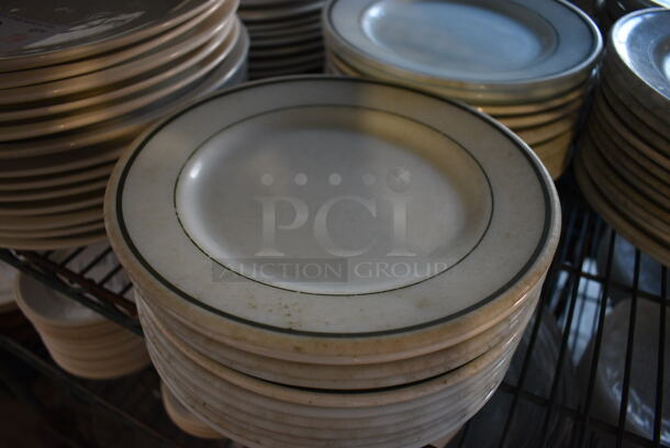 36 White Ceramic Plates w/ Green Lines on Rim. 9x9x1. 36 Times Your Bid! - Image 2 of 2