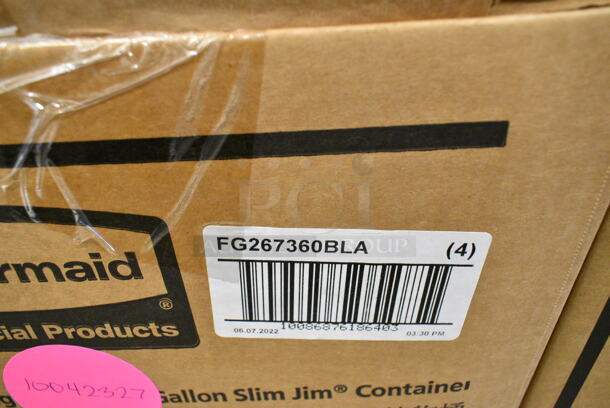 3 Boxes of 4 BRAND NEW SCRATCH AND DENT! Items; 1 Box Rubbermaid FG267360BLA Slim Jim Black Drop Shot Rectangular Trash Can Lid, 2 Box Rubbermaid FG267360GRAY Slim Jim Gray Drop Shot Rectangular Trash Can Lid. 3 Times Your Bid!  - Image 5 of 5