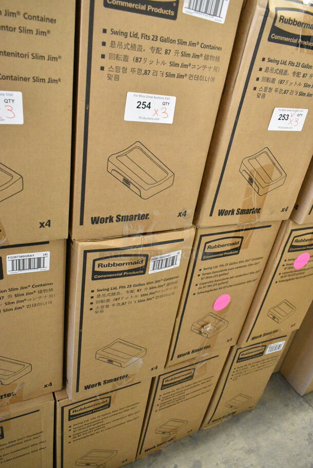 3 Boxes of 4 BRAND NEW SCRATCH AND DENT! Rubbermaid FG267360GRAY Slim Jim Gray Drop Shot Rectangular Trash Can Lid. 3 Times Your Bid!  - Image 2 of 5