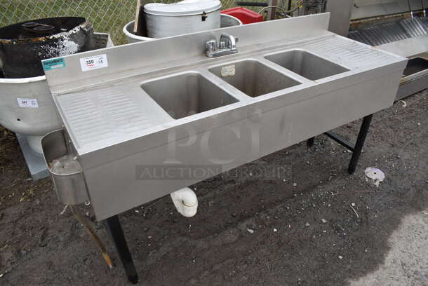 SupremeMetal Stainless Steel Commercial 3 Bay Sink w/ Dual Drain Boards, Faucet and Handles. 59x21x34. Bays 10x14x9. Drain Boards 9x16x1