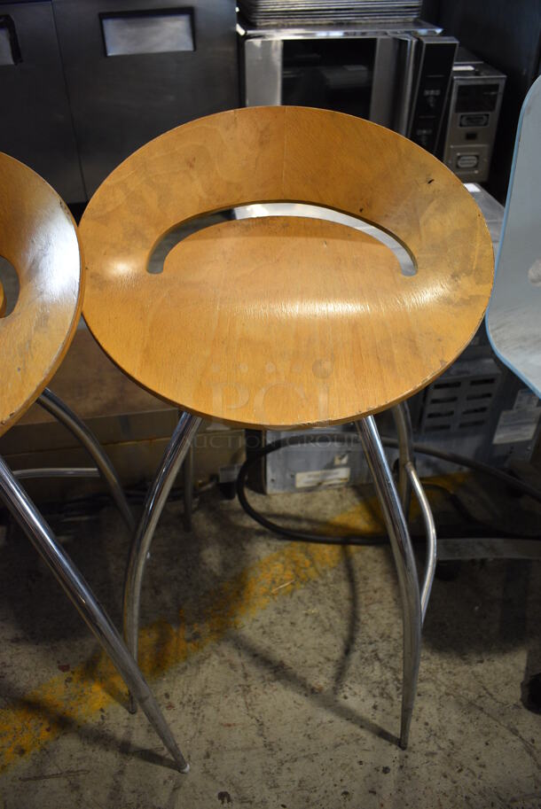 2 Wooden Bar Height Stools on Chrome Finish Legs. 18x18x36.5. 2 Times Your Bid!