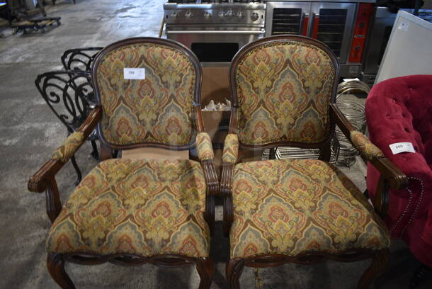 2 Wooden Dining Chairs w/ Patterned Back Rest and Seat. 29x28x41. 2 Times Your Bid!