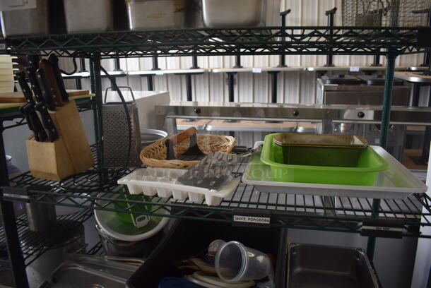 Metro Lot Including Knives in Block, Stainless Drop In Bins, Stainless Half Pans, Stainless Bowls, Coffee Machine, Fry Basket and Much More! Metro Shelf Not Included.  - Image 3 of 5