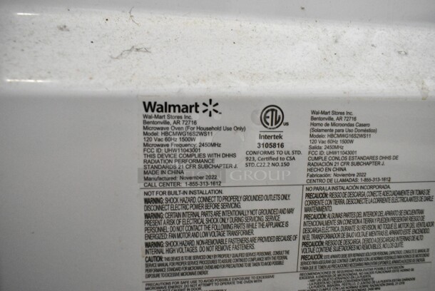 Walmart HBCMWG16S2WS11 Countertop Microwave Oven. 120 Volts, 1 Phase.  - Image 5 of 5
