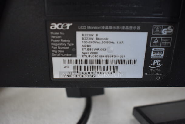3 Acer B223W B 22" Computer Monitors. 100-240 Volts, 1 Phase. 3 Times Your Bid! - Image 7 of 7