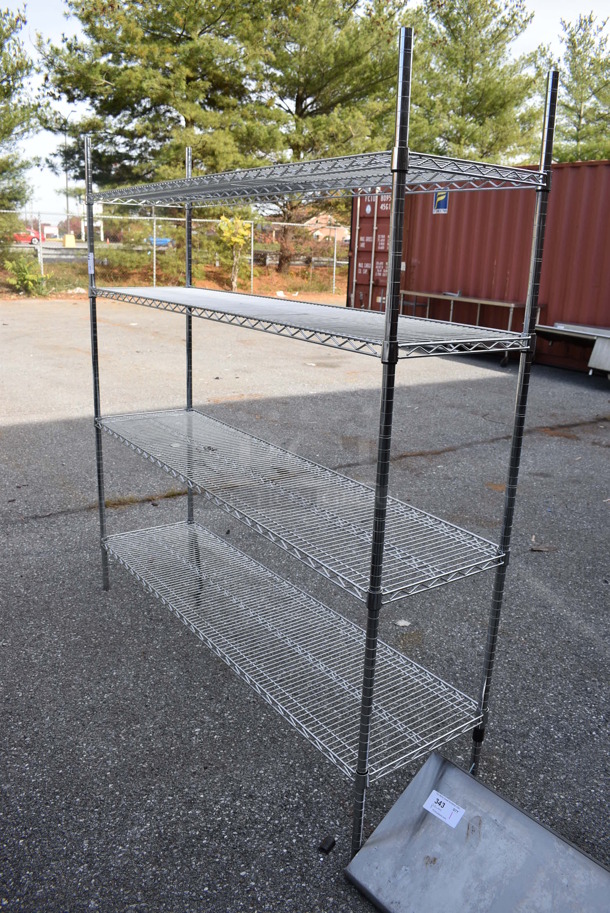 Chrome Finish 4 Tier Wire Shelving Unit. BUYER MUST DISMANTLE. PCI CANNOT DISMANTLE FOR SHIPPING. PLEASE CONSIDER FREIGHT CHARGES. 72x18x75 - Image 1 of 3