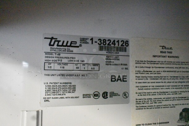 True T-49 Stainless Steel Commercial 2 Door Reach In Cooler w/ Metal Pan Rack. 115 Volts, 1 Phase. Tested and Working! - Image 6 of 6