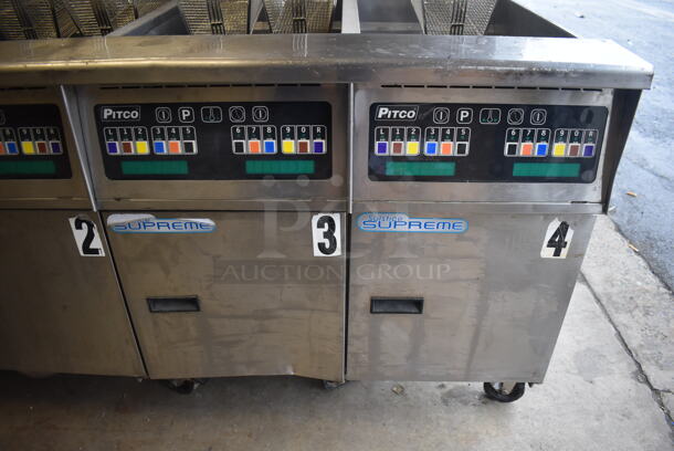 2014 Pitco Frialator Model SSH60 ENERGY STAR Stainless Steel Commercial 4 Bay Natural Gas Powered Deep Fat Fryer w/ 6 Metal Fry Baskets and Filtration System on Commercial Casters. 80,000 BTU. 62.5x35x49 - Image 6 of 11