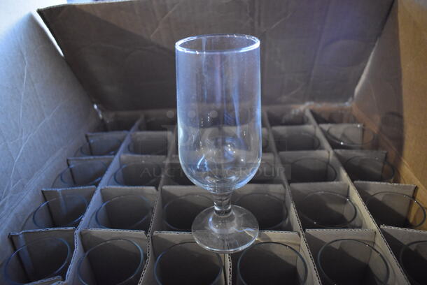 35 BRAND NEW IN BOX! Pasabahce Footed Beer Beverage Glasses. 2.5x2.5x7. 35 Times Your Bid!