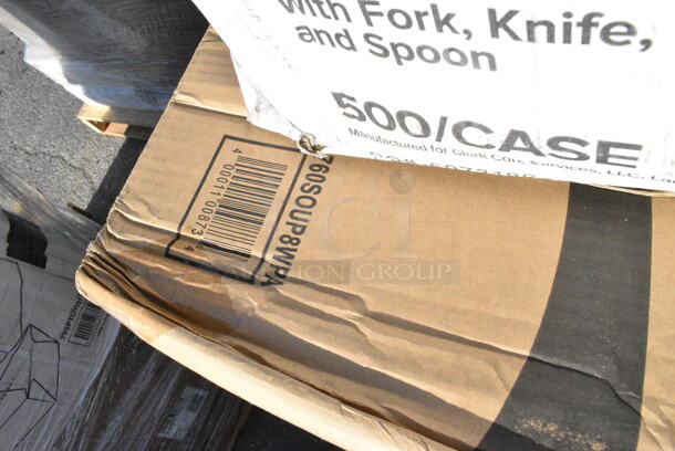 13 BRAND NEW Boxes Including 433WH161118C Choice 16" x 11" x 18 1/4" White Paper Customizable Shopping Bag with Handles - 200/Case,2 Box 1761PK8511BR Choice 8 1/2" x 11" Brown 2-View Single Pocket Menu Cover, 127CH12 Choice 12 oz. Clear RPET Hinged Deli Container - 200/Case, Solo Ultra Clear™ 32AC 32 oz. Customizable Clear PET Plastic Cold Cup - 500/Case, 130BKFKSX500 Choice Black Extra Heavy Weight Wrapped Plastic Cutlery Pack - 500/Case, 760SOUP8WPA Choice 8 oz. White Double Poly-Coated Paper Food Cup with Vented Paper Lid - 250/Case, 795KFT44RNPE Choice 44 oz. Round Kraft PE-Lined Microwavable Take-Out Container 7 5/16" x 2 5/8" - 300/Case. 13 Times Your Bid!  - Image 11 of 12