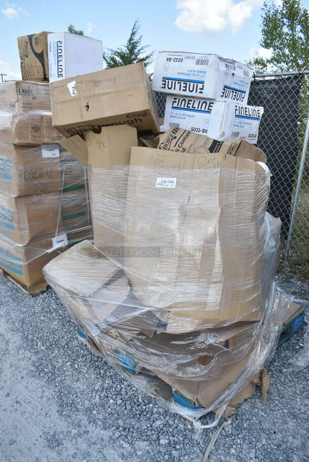 PALLET LOT of 20 BRAND NEW Boxes Including 2 Box Fineline 5032-BK Fineline 5032-BK Super Bowl 32 oz. Black PET Plastic Bowl - 100/Case, 128HD8COMBO Choice Heavy Duty 8 oz. Microwavable Translucent Plastic Deli Container and Lid Combo Pack - 240/Case, 500LSTRWL Choice 32 oz. Clear Sip-Through Lid with Extra-Wide Opening - 500/Case, 5001BNAP Choice 1-Ply White Beverage / Cocktail Napkin - 4000/Case, 433300100 Choice 6" x 1" x 8" White Sandwich / Cookie Bag - 2000/Case, 129MCR50B Choice 43 oz. Black Round Microwavable Heavy Weight Container with Lid 9" - 150/Case, 500CC20 Choice Clear PET Customizable Plastic Cold Cup - 20 oz. - 600/Case. 20 Times Your Bid!  - Image 1 of 12