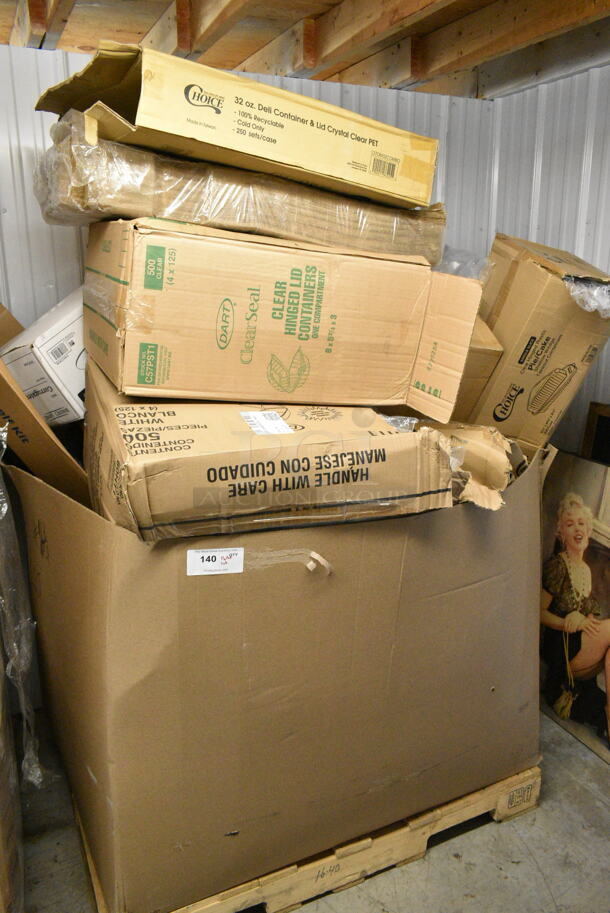 PALLET LOT of Various BRAND NEW Boxes Including 127DM32COMBO Choice 32 oz. Ultra Clear Recycled PET Plastic Round Deli Container and Lid Combo - 250/Case, Dart C57PST1 ClearSeal Hinged Lid Plastic Container 6" x 5 13/16" x 3" - 500/Case, 433LSLCPIE Choice 5" Clear Hinged Slice Container with Low Dome Lid.  - Image 1 of 3