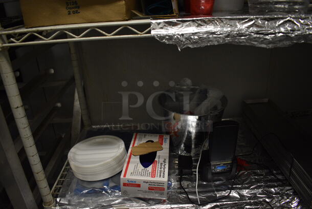 White 5 Tier Wire Shelving Unit w/ Contents Including Soup, Utensils and Receipt Paper Rolls. BUYER MUST REMOVE. BUYER MUST DISMANTLE. PCI CANNOT DISMANTLE FOR SHIPPING. PLEASE CONSIDER FREIGHT CHARGES. 48x18x75. (kitchen) - Image 6 of 10