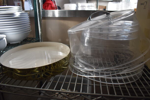 ALL ONE MONEY! Lot of Chrome Finish 5 Tier Shelving Unit w/ Contents Including Poly Cake Stand Covers, Mesh Bins, Metal Buckets, Stainless Steel Drop In Bins, Wooden Boxes and Silverware. BUYER MUST DISMANTLE. PCI CANNOT DISMANTLE FOR SHIPPING. PLEASE CONSIDER FREIGHT CHARGES. 49x18x77 - Image 5 of 12