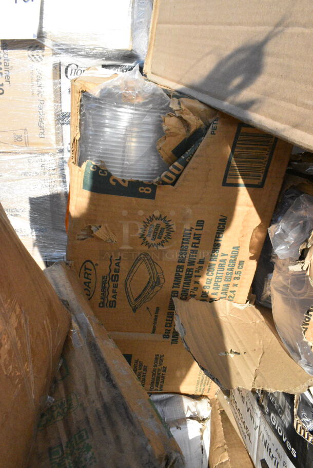 23 BRAND NEW Boxes Including 130CLFKSNH Choice Clear Heavy Weight Wrapped Plastic Cutlery Pack with Napkin - 500/Case, 394345LNoble NexGen Powder-Free Disposable Black Hybrid 3 Mil Thick Gloves - Large - 1000/Case, 394345L Noble NexGen Powder-Free Disposable Black Hybrid 3 Mil Thick Gloves - Large - 1000/Case, 433NACHOL Carnival King Large Two Compartment Plastic Nacho Tray - 500/Case, 433W20SHBGC Choice 20 lb. Shorty White Paper Bag - 500/Case, 245CPB10WHTPRINT Choice 10" x 10" x 2" White Corrugated Pizza Box - 50/Case. 23 Times Your Bid!  - Image 4 of 12