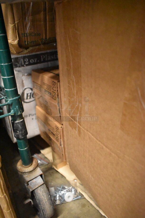 PALLET LOT of 32 BRAND NEW Boxes Including 612D3COMP Choice 8 1/2"x 6 3/8" 3-Compartment Oblong Foil Take-Out Container with Board Lid - 250/Case, 795PTOKFT3 Choice Kraft Microwavable Folded Paper #3 Take-Out Container 7 3/4" x 5 1/2" x 2 1/2" - 200/Case, 5008W Choice 8 oz. Tall White Poly Paper Hot Cup - 1000/Case, 2 Box Dart Foam Hinged Lid Containers, 164TBHRDWR8 Lancaster Table & Seating 12 Piece Floor Glide and Screw Table Base Hardware Kit, 5012433M1 Lavex Li'l Herc 12-16 Gallon 0.9 Mil 24" x 32" Low Density Medium-Duty Black Can Liner / Trash Bag - 250/Case, 394385L Noble Products White Powder-Free Disposable Latex Gloves for Foodservice - Large - 1000/Case, 760PCC05W Choice 5 oz. White Poly Paper Cold Cup - 3000/Case, 126MF883B3C Ecopax 8" x 8" 3-Compartment Microwaveable Black Mineral-Filled Plastic Hinged Take-Out Container - 150/Case. 32 Times Your Bid! - Image 6 of 10