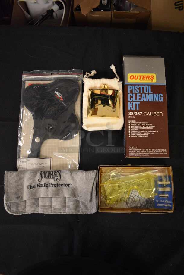 ALL ONE MONEY! Lot of Pistol Cleaning Kit, Sheath, Metal Flask, Knife Protector and Safety Glasses